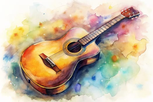 A golden acoustic guitar lays on a colorful watercolor background, its shape seemingly blending into the abstract artwork behind it. The guitar appears to be made of wood with a polished finish, giving it a warm and inviting look. The background is a vibrant abstract of colors and shapes, suggesting a dreamlike setting.
