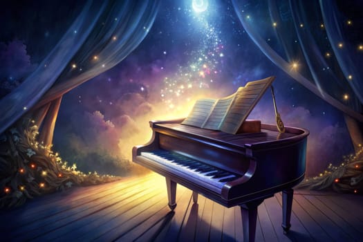 A grand piano sits on a wooden stage illuminated by warm light under a canopy of stars. The piano is open, revealing sheet music and a golden music stand. The background is a dark, starry night sky with a full moon hanging high overhead. Delicate, shimmering lights twinkle in the air, creating a magical and ethereal atmosphere.