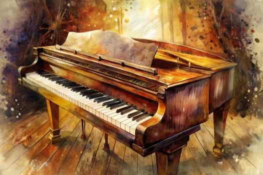 A grand piano, painted in a watercolor style, sits on a wooden floor with a warm, colorful background. The piano's lid is open, revealing the strings and the intricate details of its construction. The paint strokes add a sense of texture and depth to the image, creating a visually striking and artistic representation of a musical instrument.