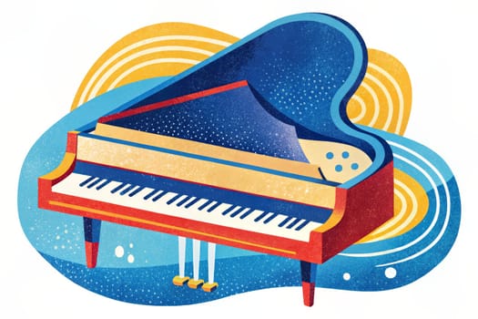 The image depicts a grand piano, painted in a bright blue hue, with a yellow interior and wooden legs. The piano sits on a yellow circle, surrounded by abstract, whimsical lines and musical notes, creating a sense of lightheartedness and joy.