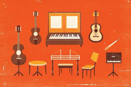 A red backdrop features a whimsical collection of musical instruments, including a guitar, a violin, a cello, a piano, and two chairs. The scene evokes a sense of anticipation and the promise of a beautiful melody soon to be played.