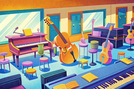 A vibrant music room is filled with various musical instruments, including a grand piano, a cello, a double bass, and several guitars. The room is bathed in sunlight streaming through large windows, illuminating the colorful instruments and furniture.