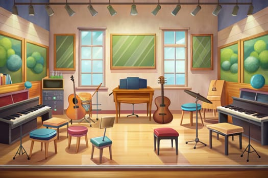 A music room bathed in sunlight, with a grand piano, guitars, and a set of chairs, is ready for a musical performance. The room has a large window overlooking a lush, green landscape, and a feeling of anticipation hangs in the air.