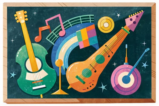 Three framed pictures on a blue wall depict guitars and musical notes in a stylized, geometric fashion. Each picture features a different type of guitar and musical notes arranged in a unique pattern. The colorful, abstract imagery creates a playful and dynamic visual experience.