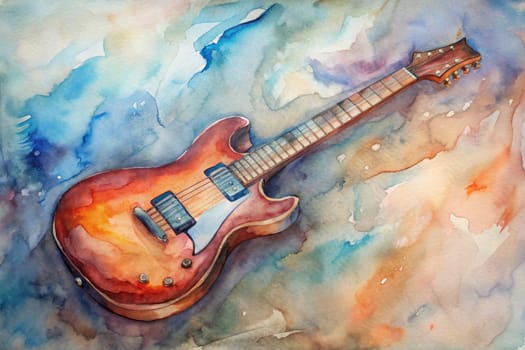 An electric guitar lies on a vibrant watercolor background, resembling a cosmic landscape with swirling colors and scattered specks of light. The instrument's sleek form and intricate details are captured in a realistic style, while the abstract background evokes a sense of wonder and artistry.