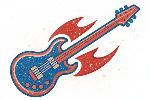 A vintage electric guitar with a blue and gold finish is depicted against a white background. The guitar is surrounded by two bright yellow lightning bolts, symbolizing the energy and excitement of rock and roll music.