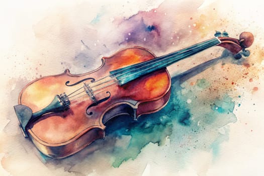 A violin painted in watercolor rests gently on a canvas, surrounded by splashes of vibrant colors that evoke a sense of artistic expression and musical inspiration.
