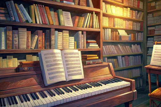 A grand piano sits in a room with bookshelves overflowing with books. A single book rests open on a music stand, revealing its pages filled with musical notes. The warm lighting illuminates the room, creating a cozy and inviting atmosphere.