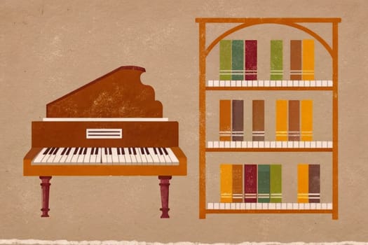 A black grand piano sits on a small platform with two books on either side. Behind the piano is a stack of books, all with beige and pink covers, stacked neatly on top of each other. The entire scene is set against a bright orange background, creating a vibrant and modern aesthetic.