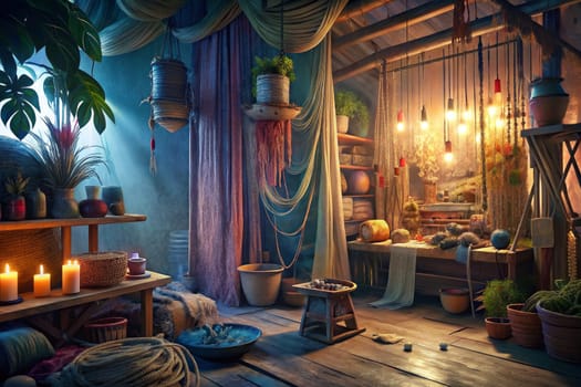 An ancient workshop bathed in the soft glow of moonlight, where woven fabrics hang from the rafters and lanterns illuminate workbenches filled with tools and materials. A bed sits tucked away in the corner, suggesting the space is both a place of creation and respite.