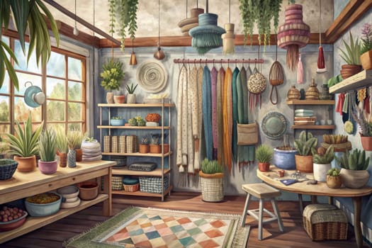 Sunlight streams through the window of a charming shop, illuminating shelves stacked with colorful yarn, handcrafted woven textiles, and rustic furniture. Warm light spills from overhead lamps, casting shadows across the wooden floor, adding to the inviting and cozy atmosphere.