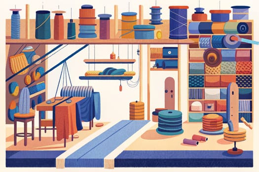 A textile workshop, filled with an abundance of colorful threads and yarns, is a hive of activity. Spool upon spool of colorful materials are organized on shelves and tables, while a large loom stands ready for weaving intricate patterns. A worker sits at a table, carefully threading a needle. The scene is vibrant and full of creative energy, showcasing the artistry and craftsmanship involved in textile production.