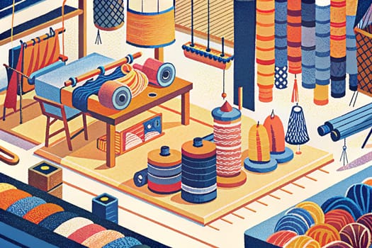 A textile workshop, filled with an abundance of colorful threads and yarns, is a hive of activity. Spool upon spool of colorful materials are organized on shelves and tables, while a large loom stands ready for weaving intricate patterns. A worker sits at a table, carefully threading a needle. The scene is vibrant and full of creative energy, showcasing the artistry and craftsmanship involved in textile production.