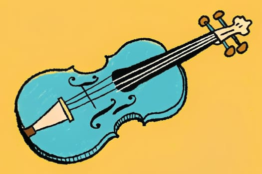 A turquoise-colored violin with black strings lies on a golden background. The violin's shape and detail are emphasized through the simple yet expressive linework of the illustration.