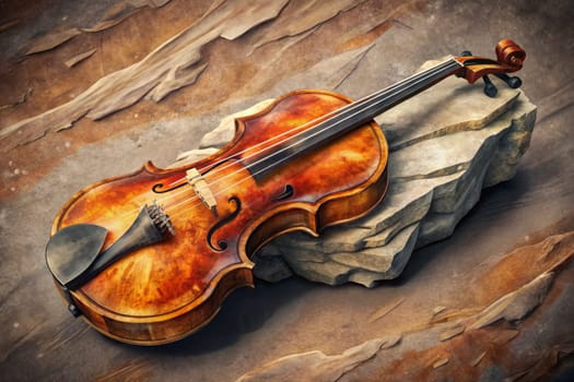 A worn violin lies on a pile of textured, layered stones. The instrument's warm, amber finish is illuminated by a soft, golden light, creating a sense of tranquility and forgotten stories.