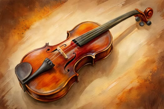 A worn violin lies on a pile of textured, layered stones. The instrument's warm, amber finish is illuminated by a soft, golden light, creating a sense of tranquility and forgotten stories.