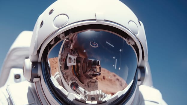 Astronaut helmet with the reflection of the planet Earth and stars in the visor.