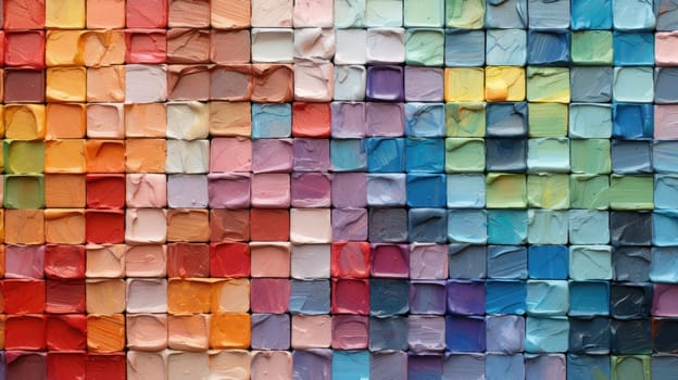 Colorful abstract mosaic of squares in blue, purple, and red hues.