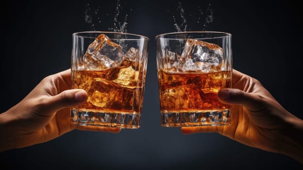 Celebration with Cheers Two Hands Clinking Glasses of Whiskey in Luxurious Setting.