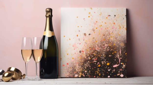 Sparkling wine bottle and glass with beautiful abstract painting in shades of pink, orange, and gold with a dark background..