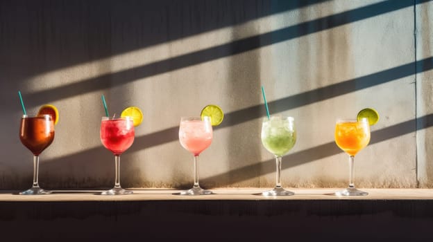 Refreshing cocktails in a variety of colors and flavors line up on a bar..