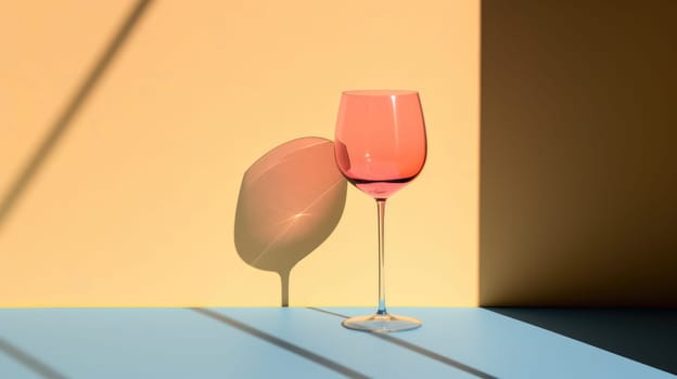 Elegant wine glass with stem on blue table under sunlight and shadow.