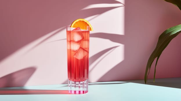 Summer Cocktail with Fresh Orange Slice on Pink Background, Ideal for Promotions.