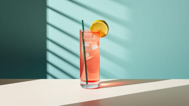 Refreshing pink lemonade in a tall glass with a straw and lemon wedge on a blue background.