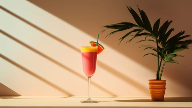 Fresh and healthy watermelon smoothie in a champagne glass with a watermelon slice on the rim.