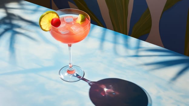 Refreshing pink cocktail drink with lime and cherry on blue table with shadows.