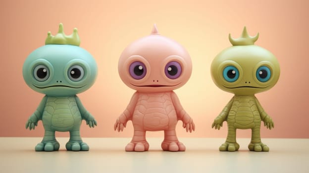 Three cute and funny alien characters with big heads and large eyes in a variety of poses