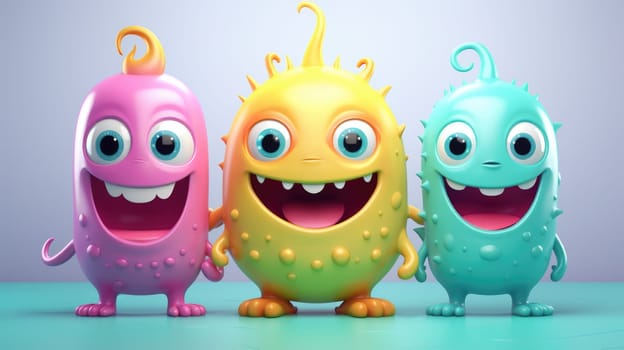 Three cute and colorful cartoon monsters with big eyes, perfect for kids storybooks.
