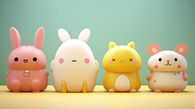 3D rendering of cute cartoon style animal characters isolated on pastel green background.