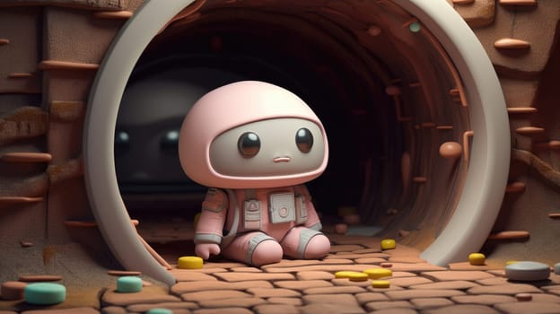 Lonely astronaut sitting on a broken spaceship in the middle of nowhere.