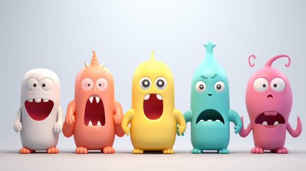 Five colorful cute cartoon characters isolated on a pastel blue background