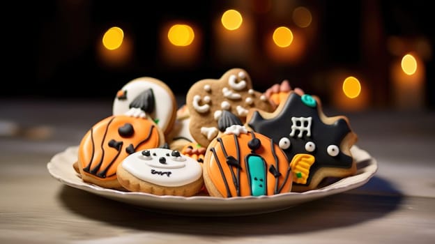 Homemade Halloween Cookies decorated with Orange, Purple and Green Icing. Halloween food. Trick or treat