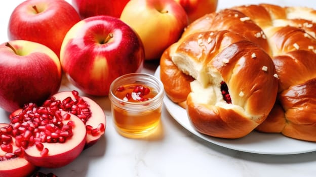 Freshly baked Challah bread, apples and pomegranate on white table for the celebration of Jewish New Year Rosh Hashanah.