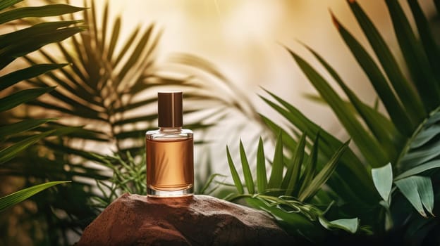 Transparent brown glass perfume bottle mockup with plants on background. Eau de toilette. Mockup, spring flat lay