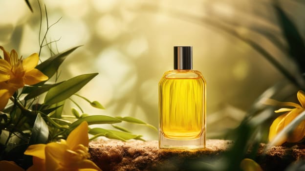 Transparent yellow glass perfume bottle mockup with plants on background. Eau de toilette. Mockup, spring flat lay