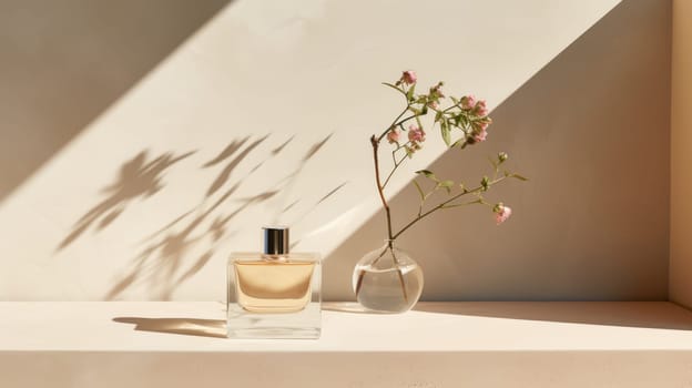 Transparent brown glass perfume bottle mockup on pedestal with minimalist background. Eau de toilette. Mockup, spring flat lay