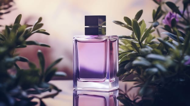 Transparent purple glass perfume bottle mockup with plants on background. Eau de toilette. Mockup, spring flat lay