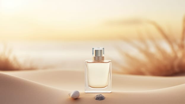 Transparent brown glass perfume bottle mockup with sandy background. Eau de toilette. Mockup, spring flat lay