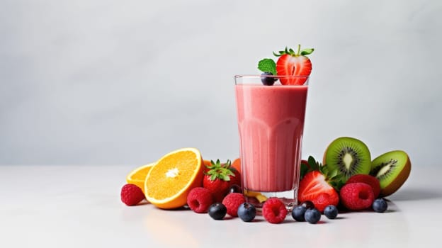 Fresh strawberry smoothie with kiwi and berries in a tall glass on a white table. Made with fresh strawberries, kiwi, yogurt, perfect for breakfast or snack, full of fruits and vegetables.
