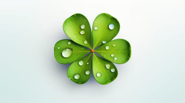 This is a photograph of a fresh green four-leaf clover isolated on a white background. The clover is a symbol of good luck and is often used in St. Patricks Day celebrations.