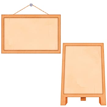 Blank wooden signboards for business advertisements, announcements, or menu displays in a cafe or retail store.