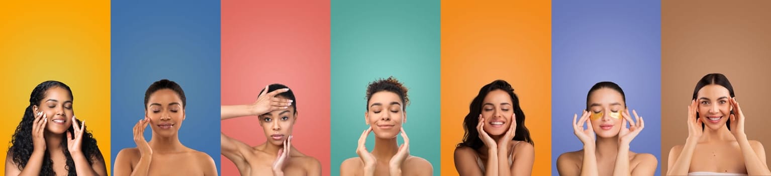 Seven women are applying golden eye patches to their skin, each in front of a different color background. They appear to be wearing no makeup and have a natural, glowing complexion.
