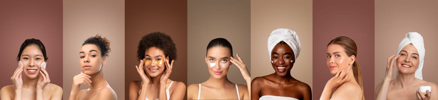 Seven multiethnic young women are seen applying eye patches and face cream. The women are all wearing towels or are topless, and they are smiling as they apply their products.