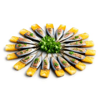 Sardines grilled and arranged in a starburst pattern with crispy skin and tender flesh garnished. Food isolated on transparent background