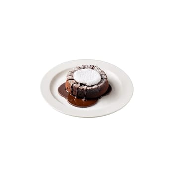 Chocolate lava cake with molten chocolate center dusted with powdered sugar served on a white. close-up cake, isolated on transparent background