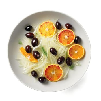Shaved fennel salad elements over prepared bowl shaved fennel bulb blood orange segments and kalamat. Food isolated on transparent background.